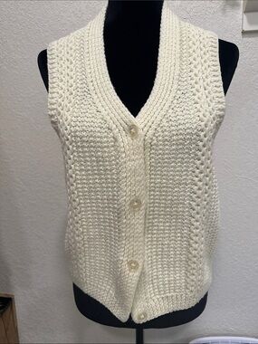 Vintage Cream V-Neck Cable Knit Button Front Sweater Vest